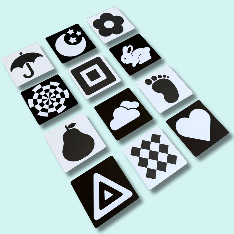 Set of 20 black and white high-contrast flashcards with bold shapes for newborn visual stimulation and early brain development – Babyroos sensory toy set