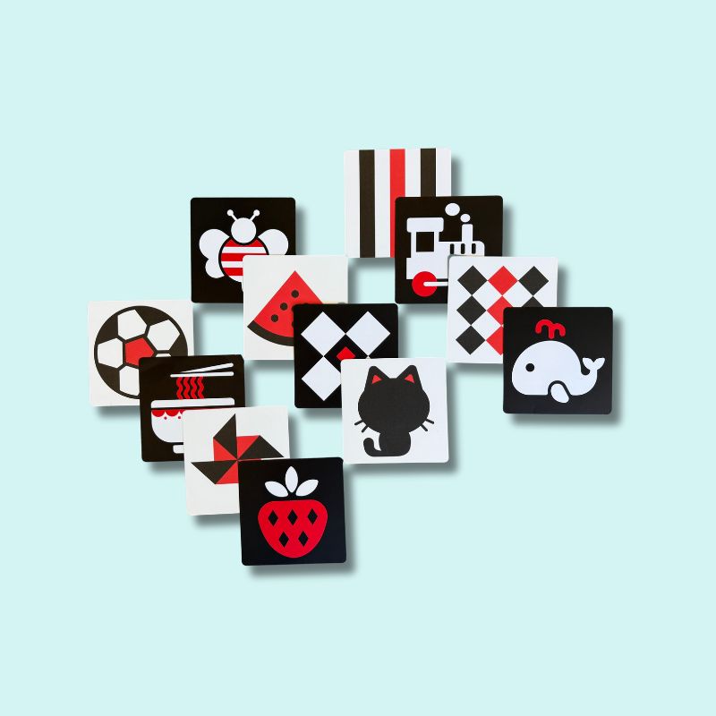 Set of 20 red, black and white high-contrast flashcards with bold illustrations to support visual development in babies aged 3–6 months – Babyroos sensory cards