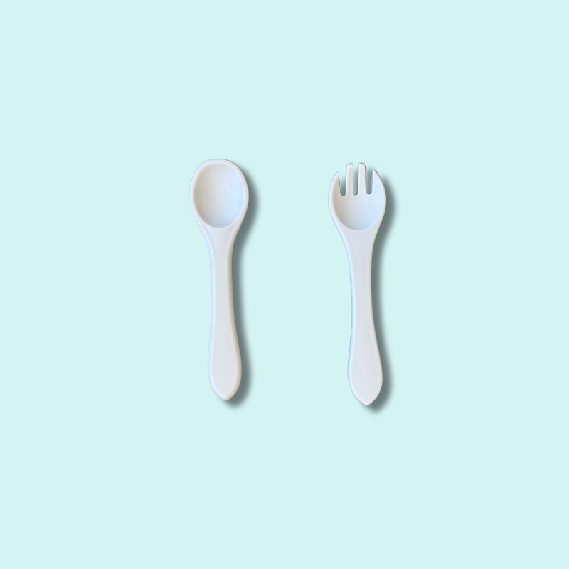 Silicone baby spoon and fork set in soft beige – Babyroos self-feeding utensils for first solids and baby-led weaning