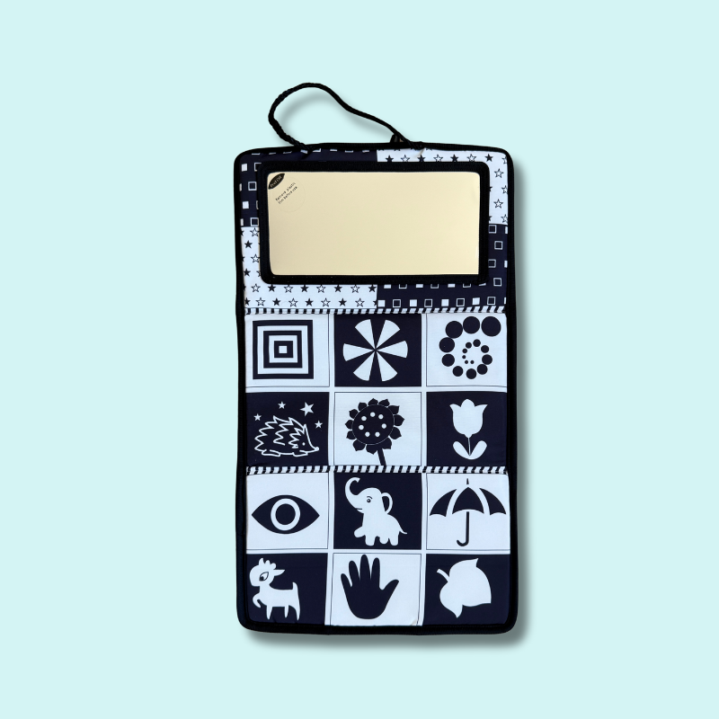Black and white tummy time foldable mat with baby-safe mirror and high-contrast pattern and animal designs for visual tracking and self-recognition – Babyroos newborn foldable mirror