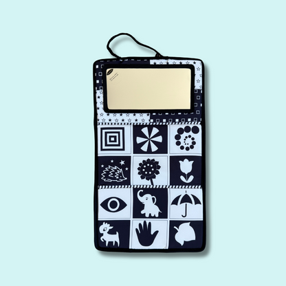 Black and white tummy time foldable mat with baby-safe mirror and high-contrast pattern and animal designs for visual tracking and self-recognition – Babyroos newborn foldable mirror