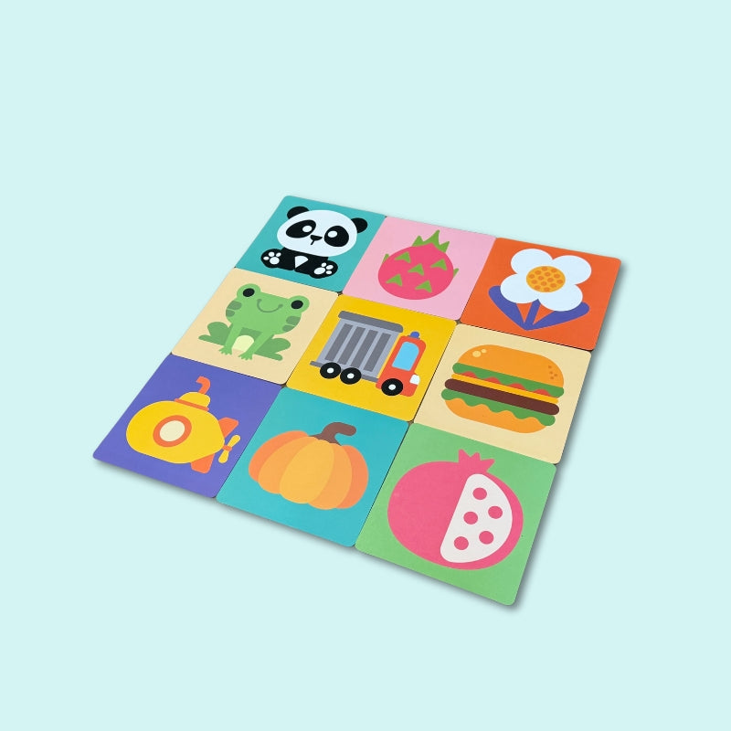 Set of 20 colourful baby flashcards with bold illustrations of animals, food and vehicles to support early recognition, vocabulary and visual learning – Babyroos 6–12 month toy
