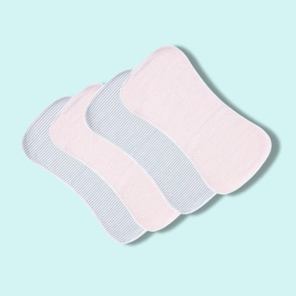 Set of four soft cotton burp cloths in pink and grey stripes with curved edges – Babyroos newborn feeding essential