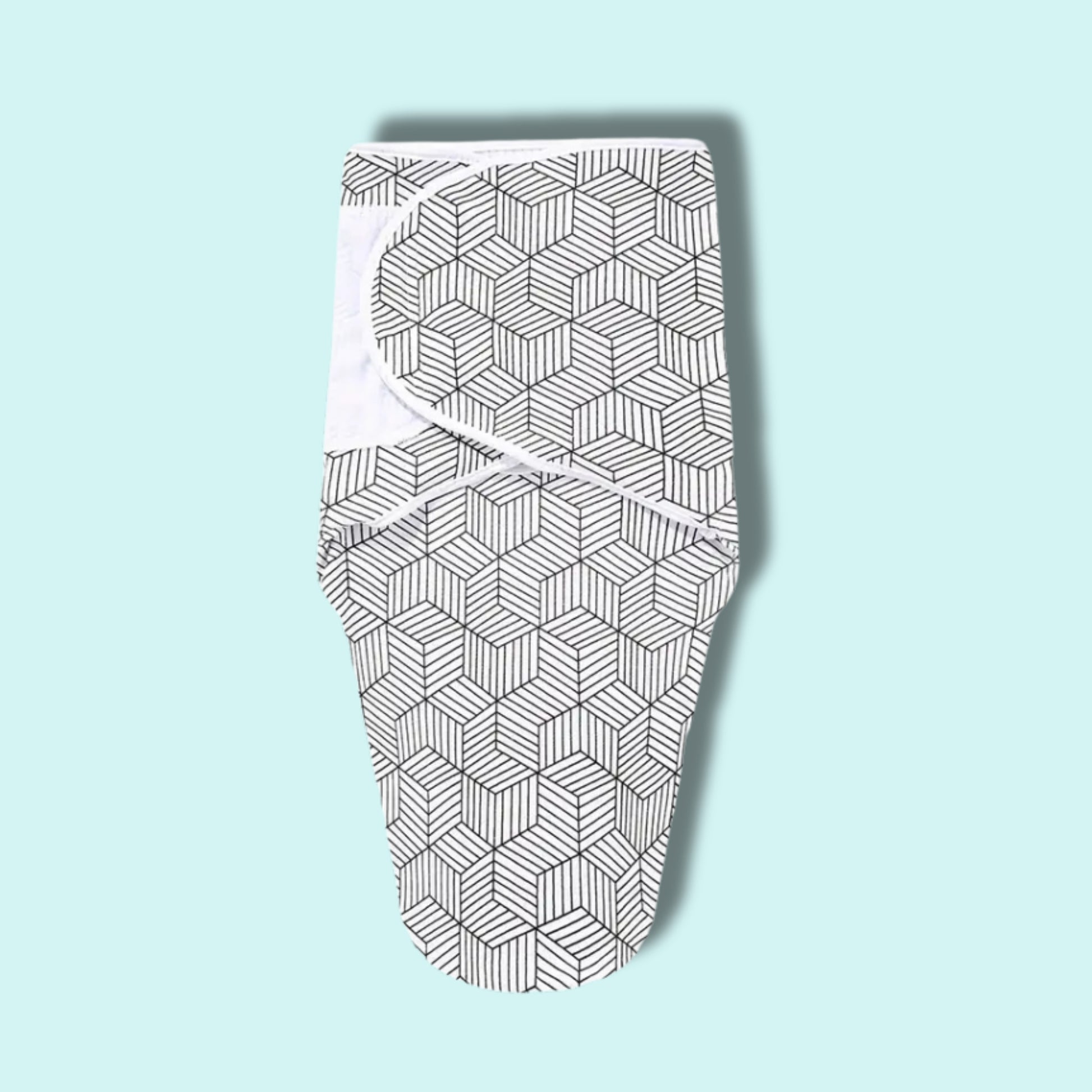 Adjustable newborn swaddle wrap in black and white geometric print with soft Velcro fasteners – Babyroos sleeping essential for 0–3 months