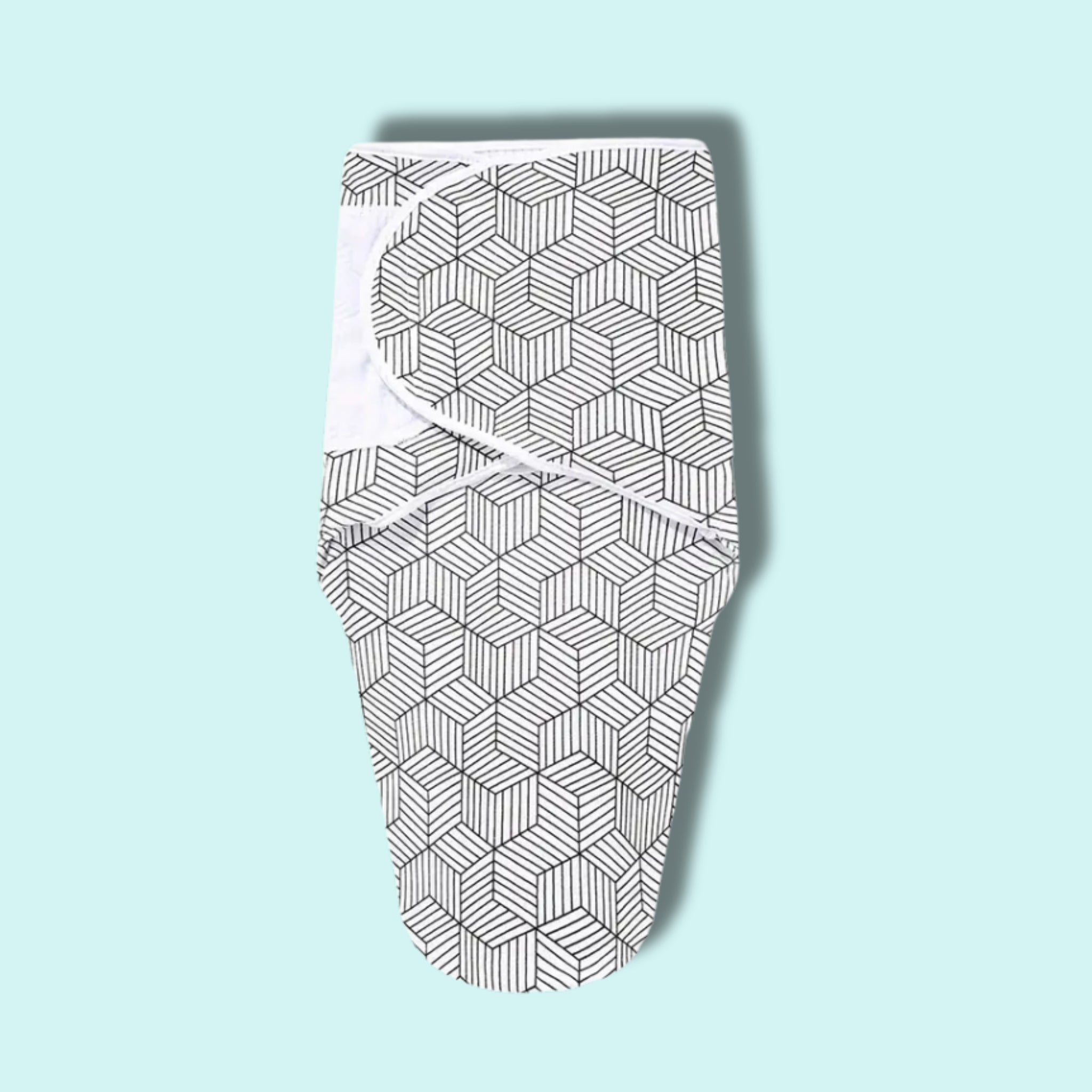 Adjustable newborn swaddle wrap in black and white geometric print with soft Velcro fasteners – Babyroos sleeping essential for 0–3 months