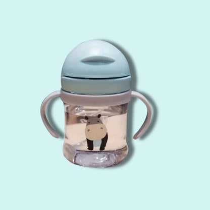 Transparent baby sippy cup with blue lid, twin handles and hippo design – Babyroos leak-proof drinking cup for 6 months and up