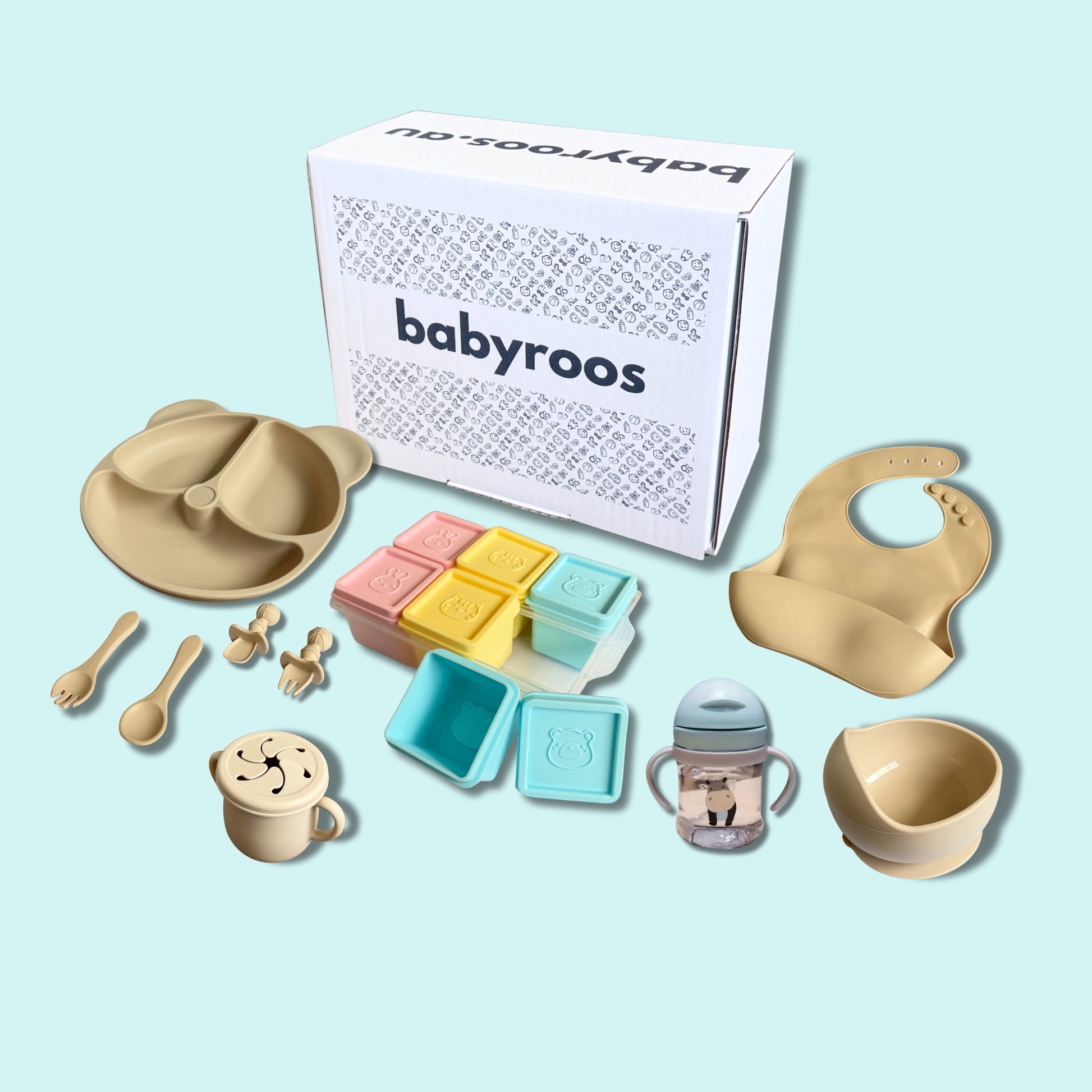 Babyroos Feeding Essentials Box with silicone suction plate, bowl, bib, utensils, snack cup, freezer storage pods, and sippy cup – perfect for starting solids and baby-led weaning