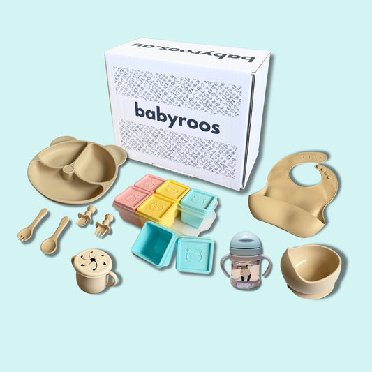 Babyroos Feeding Essentials Box with silicone suction plate, bowl, bib, utensils, snack cup, freezer storage pods, and sippy cup – perfect for starting solids and baby-led weaning