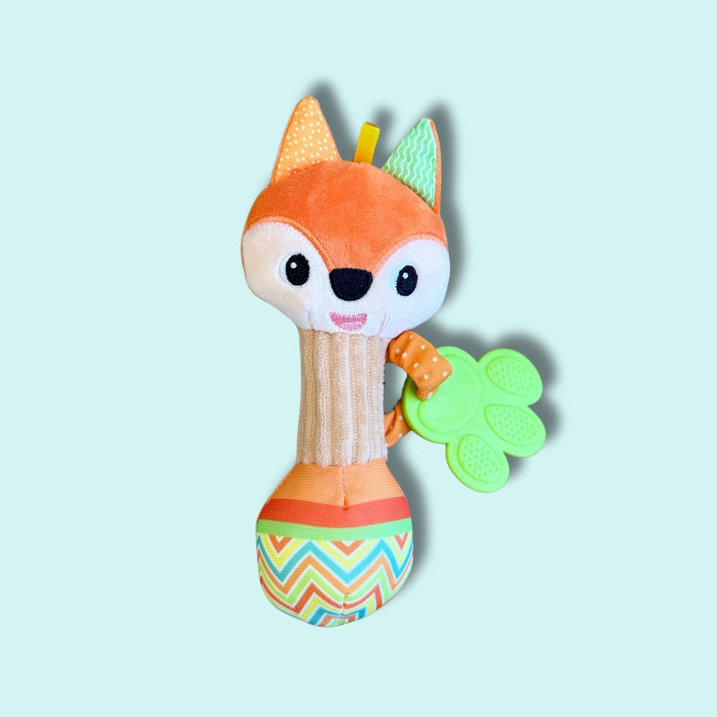 Soft plush fox rattle toy with ribbed grip and green leaf teether for sensory play and teething relief – Babyroos 3–6 month baby toy