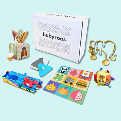 Babyroos toy box for 6–12 months featuring soft fabric book with sea animal patterns, montessori mirror, sensory puzzle cards, bead maze, soft and textured activity ball, and textured cube with cloth tissues for baby learning and fine motor play