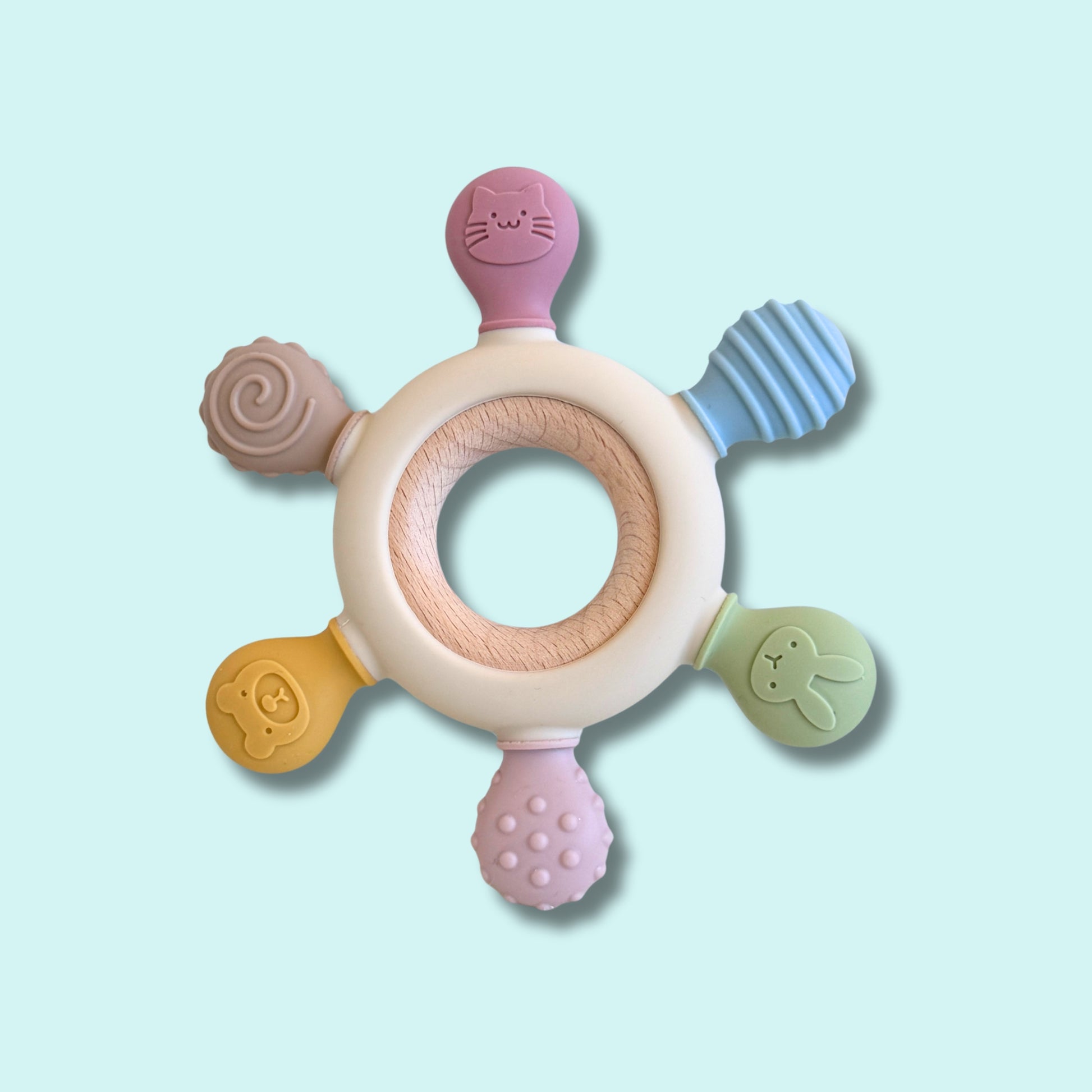 Textured silicone and beechwood baby teether with animal shapes – safe, sensory-rich teething ring for soothing sore gums and encouraging fine motor play