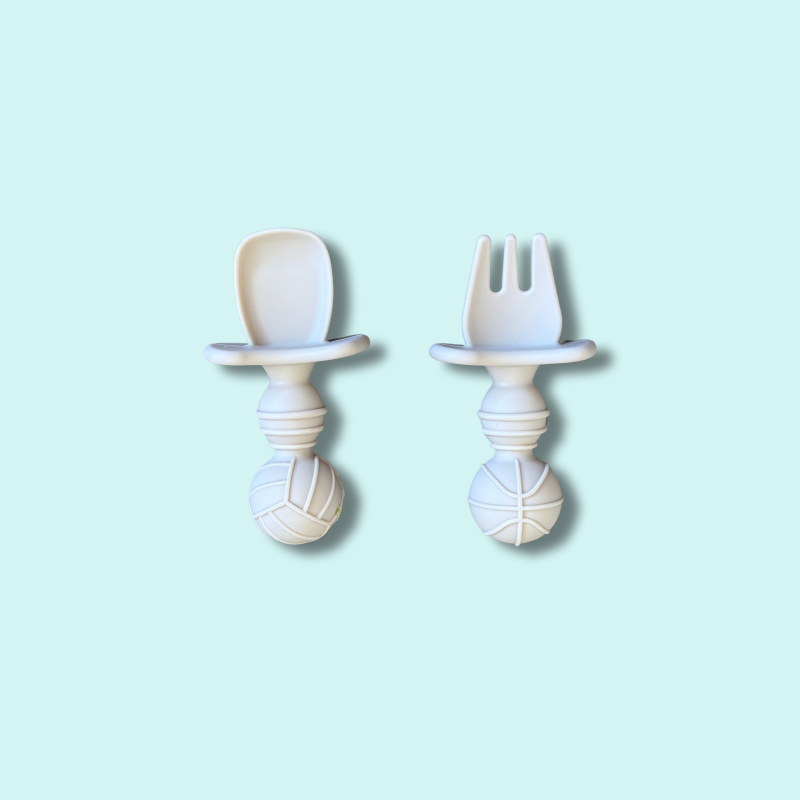 Silicone baby-led weaning spoon and fork set with ball-shaped grips for easy holding – Babyroos first utensils for 6 months+