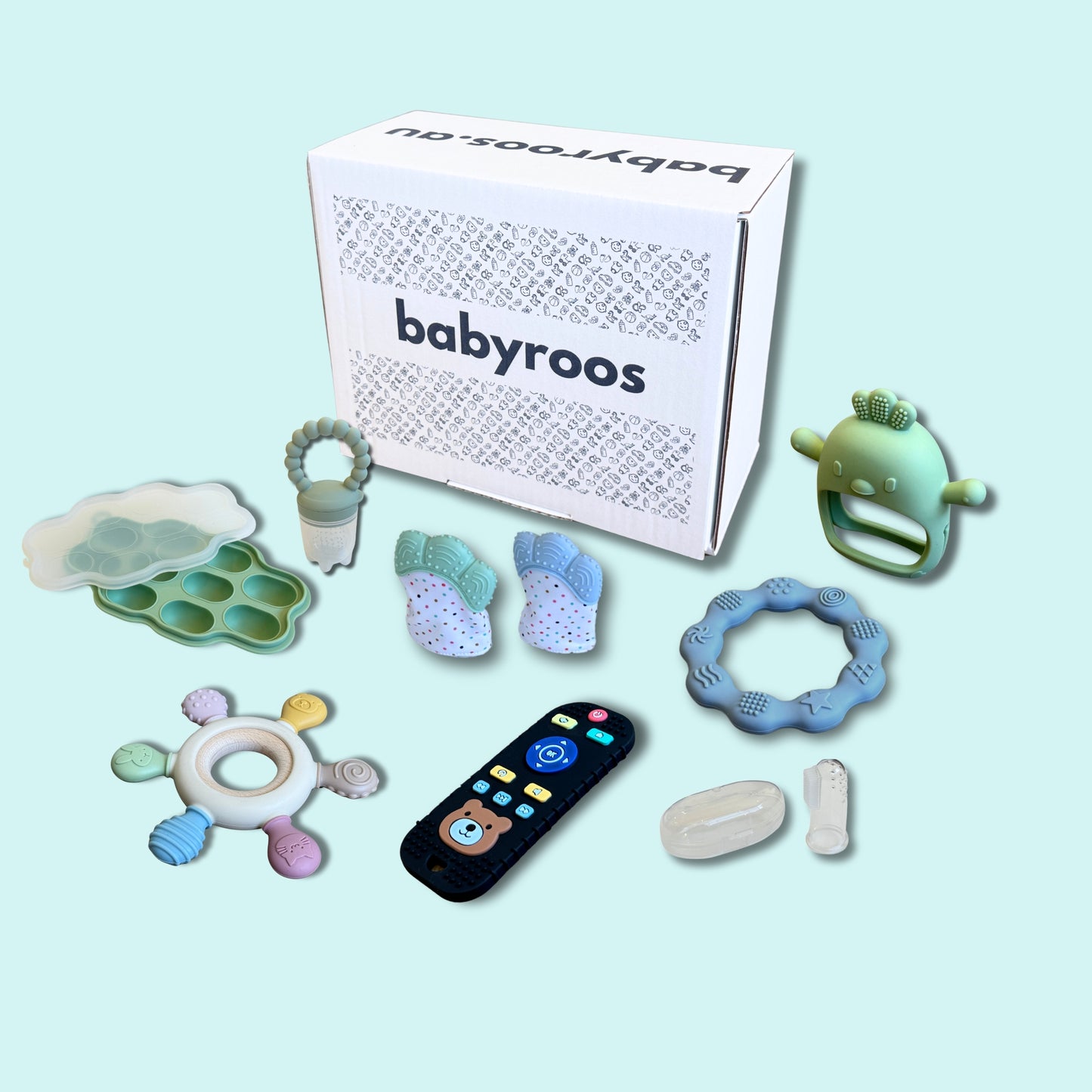 Babyroos Teething Essentials Bundle featuring a soothing selection of silicone teethers, teething mittens, a textured remote-shaped teether, pop feeder with multiple tips, baby toothbrush and freezer-friendly tray – designed to relieve sore gums and support sensory exploration