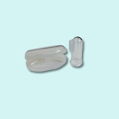 Clear silicone finger toothbrush for babies with soft bristles and textured back, shown with a hygienic travel case