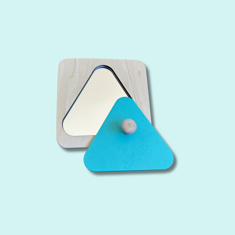 ontessori wooden shape puzzle with baby-safe mirror and blue triangle peg for sensory play, hand-eye coordination and self-recognition – Babyroos 6–12 month toy